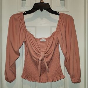 Elegant Mauve Smocked Blouse with Tie-Front